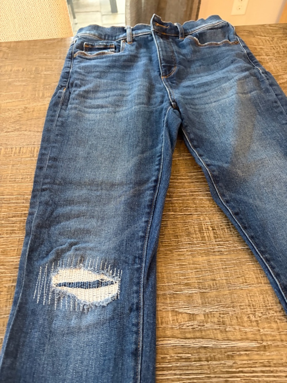 LOFT Women's Straight Leg Jeans in Distressed Dark Blue
